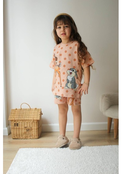 Miniko Kids Kız Çocuk Ceylan Modelli Baskılı Şortlu Pamuk Takım Kahverengi