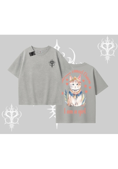 Tarzsokak Cute Princess Kedi Tasarımlı Arka Baskılı Oversize Tshirt Gri