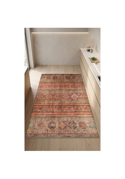 Vintage Desenli Yıkanabilir Kaymaz Taban Şönil Salon Mutfak Koridor Yolluk Halısı 105 Kırmızı Çok Renkli