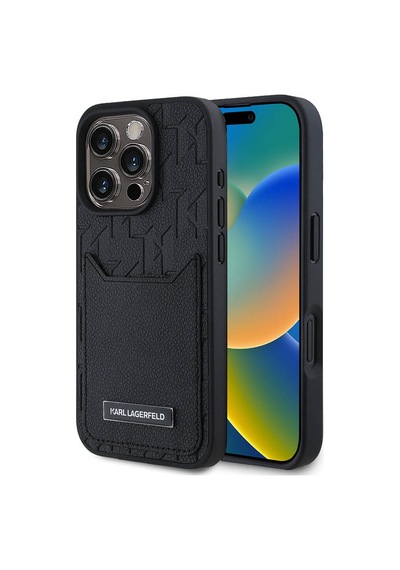 Apple iPhone 16 Pro Kılıf Karl Lagerfeld Lisanslı Kartlıklı Monogram Sıcak Damgalı Elongated Logo Siyah