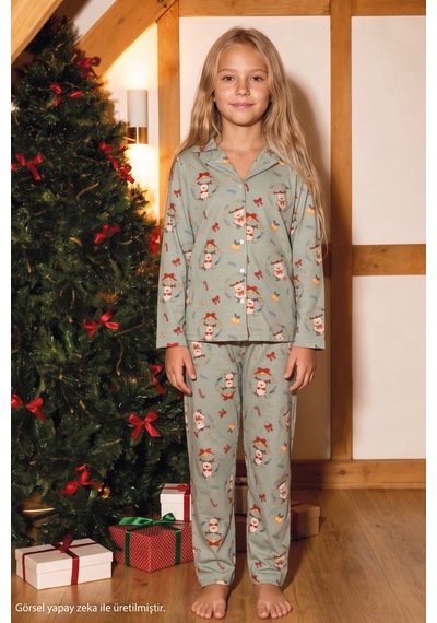 Siyah İnci Yeşil Yılbaşı Temalı Desenli Termal Kumaşlı Ultra Soft Yumuşak Düğmeli Örme Pijama Takımı 26226824