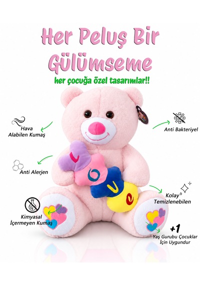 Renkli Kalpli Ayıcık Peluş Oyuncak Ayıcık 60cm - Hediyelik Peluş Oyuncak 046 - Pembe