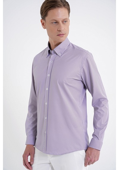 Slim Fit Yaka Düğmeli Baskılı Pamuklu Bordo Gömlek G 1606