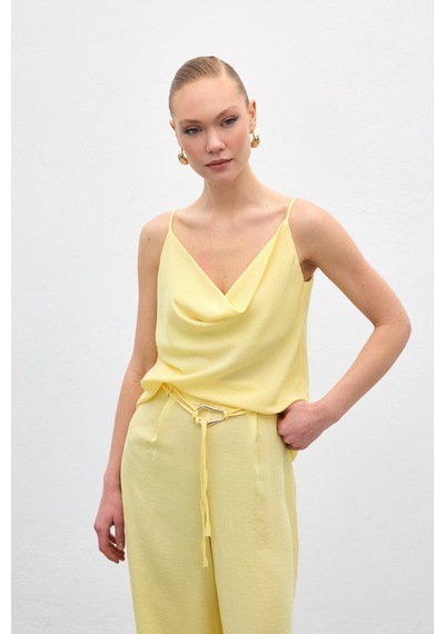 Sateen Degaje Yaka Dökümlü Bluz - Sarı-136693 Sarı