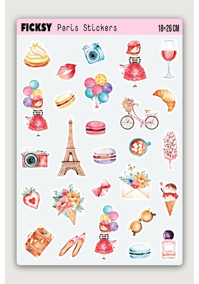 Sevimli Genç Kız Paris'te Yaz Tatili, Seyahat Temalı Sticker Seti - 27 Adet Etiket Çıkartma Diğer