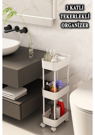 Lizbon Çok Amaçlı 3 Katlı Evye Altı Düzenleyici Dolap Içi Tezgah Altı Tekerlekli Organizer Beyaz