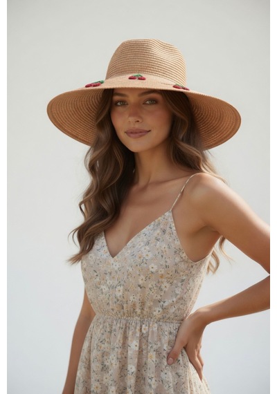 Mollycrush Hediye Yazlık Kiraz Nakışlı Camel Geniş Fötr Şapka Plaj Kullanımına Uygun Model Kahverengi