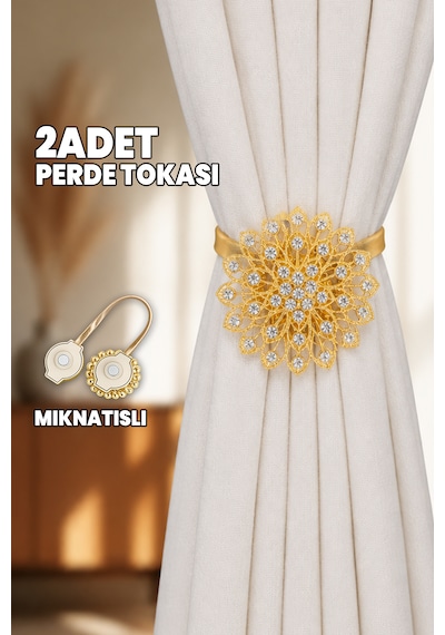 2 Adet Perde Tokası - Mıknatıslı - Çiçek Motifli - Perde Tutacağı - Perde Tutucu Altın