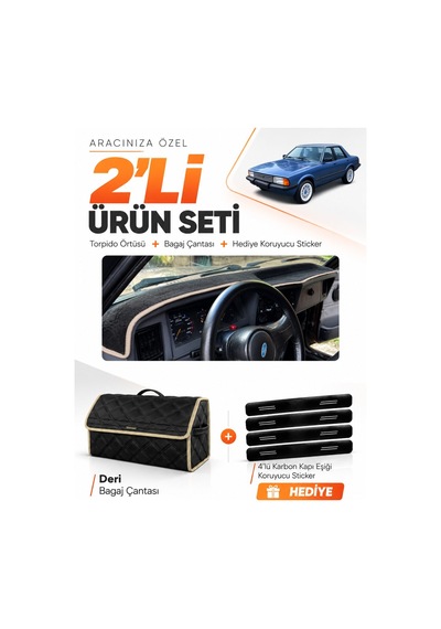 E-biz Ford Taunus 1985-1994 Uyumlu Torpido Örtüsü + Deri Bagaj Çantası Seti - Siyah-bej - Fo035