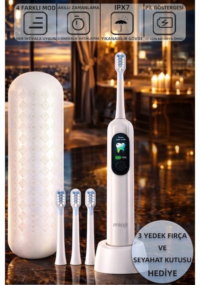 Mioji Oral B8 Care Şarj Edilebilir Diş Fırçası Beyaz + 3 Yedek Başlık ve Taşıma Çantası