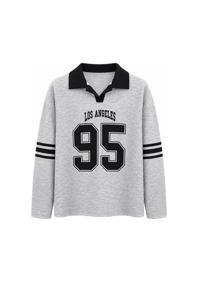 Mixray 2258 Kadın Los Angeles 95 Baskılı Polo Yaka Sweatshirt Gri