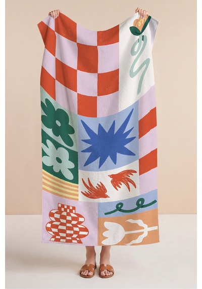 Çiçekli Geometrik Modern Plaj Havlusu - Bohem Pastel Renkli Sanatsal Hızlı Kuruyan Mikrofiber Havlu Çok Renkli