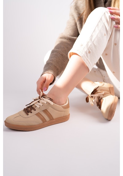 Muggo Taupe Çift Bağcıklı Günlük Kadın Sneaker Spor Ayakkabı Bej
