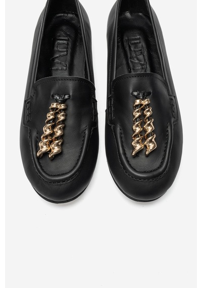 Luvi Shoes Nowell Siyah Cilt Hakiki Deri Metal Fiyonklu Kadın Loafer Ayakkabı