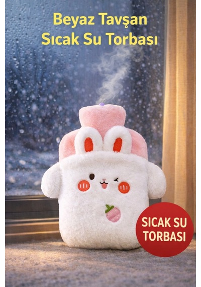 Tavşan Figürlü Yumuşak Peluş Eldivenli Sıcak Su Torbası Beyaz