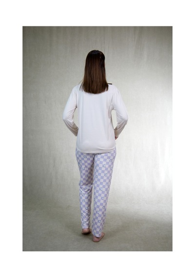 Estiva Kadın Kareli Alt Desenli Soft Uzun Kollu Pijama Takımı Bej