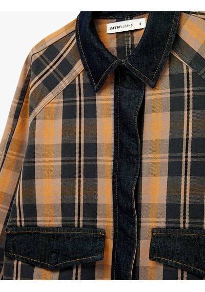 Koton Pamuklu Uzun Kollu Klasik Yaka Cep Detaylı Ekoseli Oversize Shacket Ekose 6sal50006md