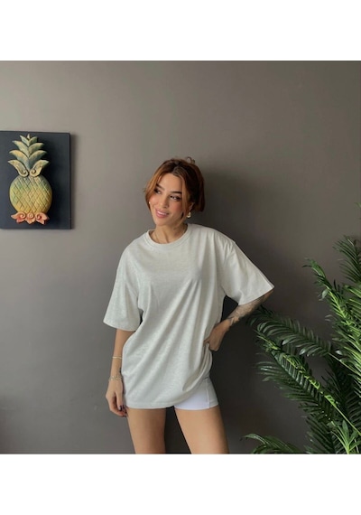 Kadın Oversize Basic Tişört Salaş Kesim Pamuklu Günlük T-shirt BEYAZ