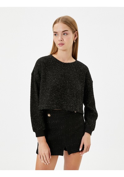 Koton Crop Oversize Tüvit Sweatshirt Uzun Kollu Bisiklet Yaka Siyah 4wal10673ık Siyah