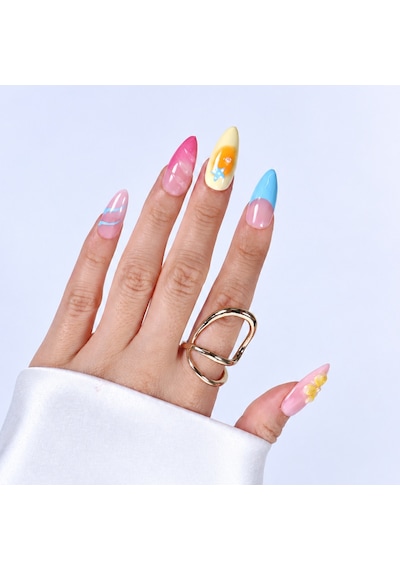 Takma Tırnak Renkli Nail Art Uzun Badem - 10'lu Tekrar Kullanılabilir El Yapımı Protez Takma Tırnak Eubd3043 M