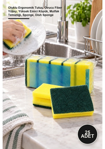 25 Adet Bulaşık Süngeri Oluklu Ergonomik Tutuş, Ovucu Fiber Yüzey, Yüksek Emici Köpük, Mutfak Temizliği, Sponge, Dish Sponge