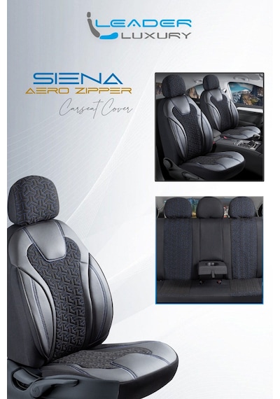Renault 21 Concorde Deri Detaylı Oto Koltuk Kılıfı Ön Arka Set Siyah Mavi Siena Seri Şhn