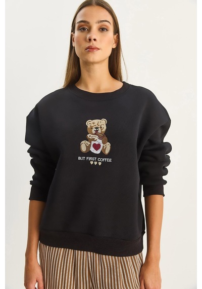 Shade Kadın Teddy Nakış Detaylı Üç İplik Şardonlu Sweatshirt 60601044 - Siyah