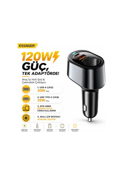 Essager 120w Araç Şarj Cihazı Çakmaklık Çoğaltıcı Type-c Usb Pd Hızlı Şarj 12-24v Pd3.0 Qc3.0 Pd Hızlı Şarj