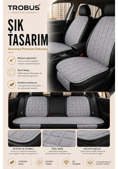 Opel Astra 2000-2004 Üniversal Soft Alkantra Kare Desen 7 Parça Oto Koltuk Minderi Gri