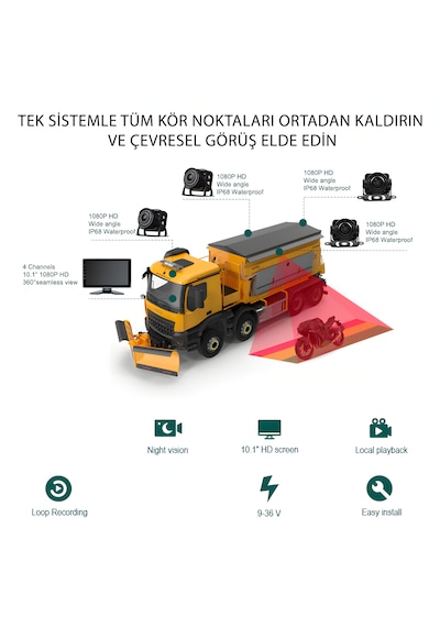 İdragon 10.1 İnç Ips 4 Kameralı Dvr Profesyonel İş Makinesi Ve Ağır Vasıta Kamera Sistemi