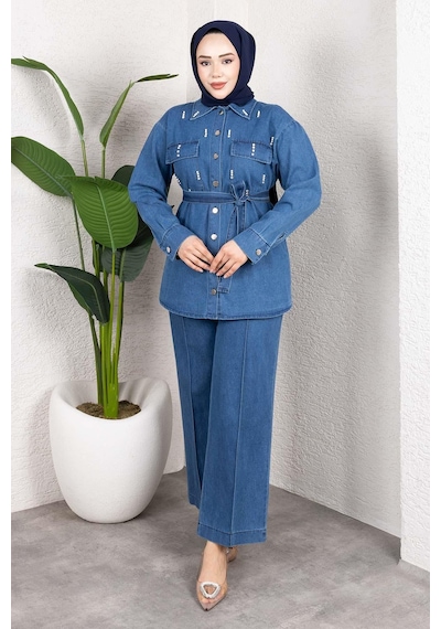 Misskayle Taş Detaylı Kuşaklı Denim Tesettür Takım Açık Mavi Açık