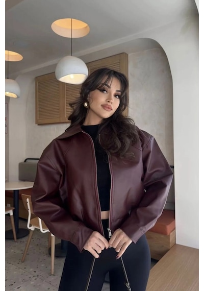 Meecy Kadın Deri Ceket Bordo Bordo