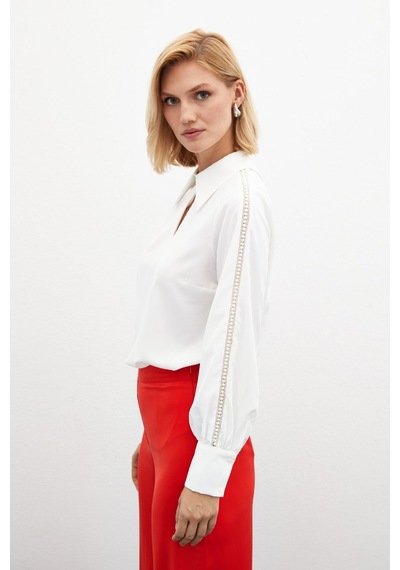 Sateen Kolları İnci Detaylı Bluz - Ekru