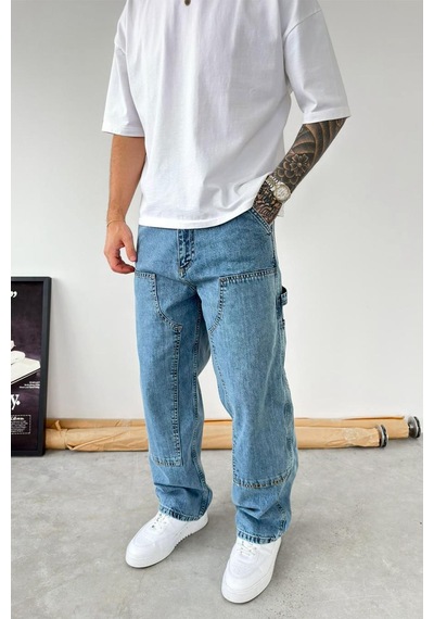 Buz Mavi Patch Tasarım Detaylı Ekstra Bol Baggy Pantolon