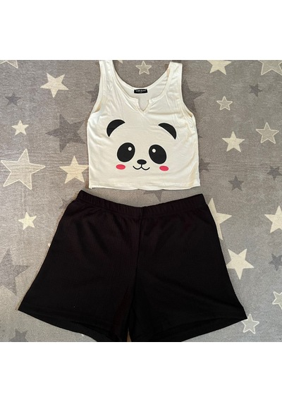 River Island River İsland Panda Desenli Ekstra Dar Kalıp Kadın Pijama Takımı Beyaz - Siyah