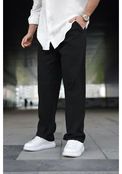 DefyModa Erkek Ham Keten Beli Lastikli Cepli Regular Fit Boru Paça Pantolon - Siyah