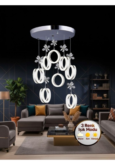 Aurea Model 8"li Kristal Taşlı Gümüş 3 Renk Modu Ledli Salon Mutfak Oturma Odası Sarkıt Led Avize Gümüş