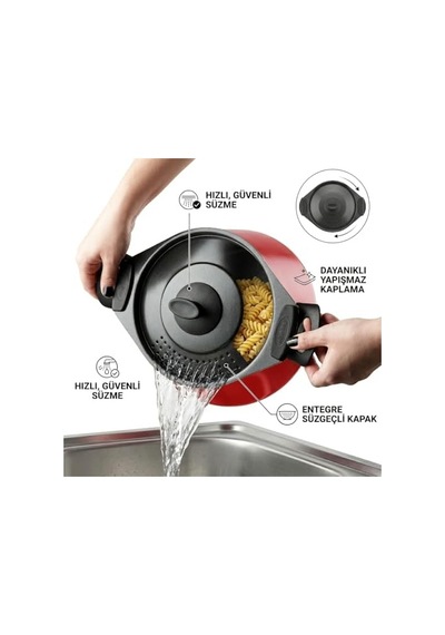 Redio Akıllı Makarna Ve Mantı Tenceresi - Kendinden Süzgeçli Kapaklı, Yanmaz Yapışmaz Kırmızı Derin Tencere, 20 Cm, 4 Litre Kapasiteli 12v