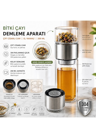 Muzeko Çift Katlı El Yakmayan Isıyı İçinde Tutan Cam Bardak Detox Bitki Çayı Demleme Ihlamur Demliği Bitki Çayı Demleme Tüm Bitki Çaylar İçin Uygundur Grı Kapak Gri - Şeffaf