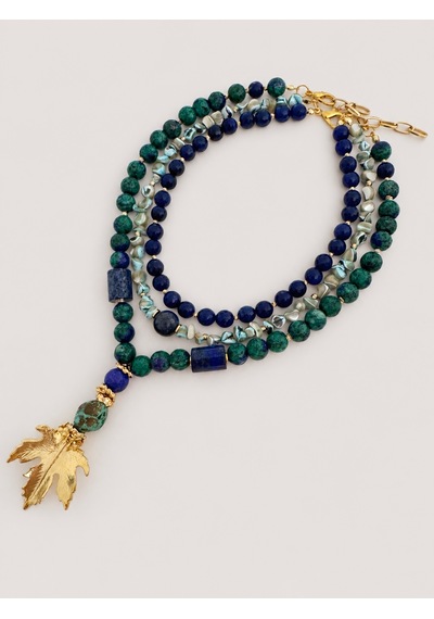 El Yapımı Lapis Lazuli, Azurit & Sedef Doğal Taş Kolye Seti Mavi - Yeşil
