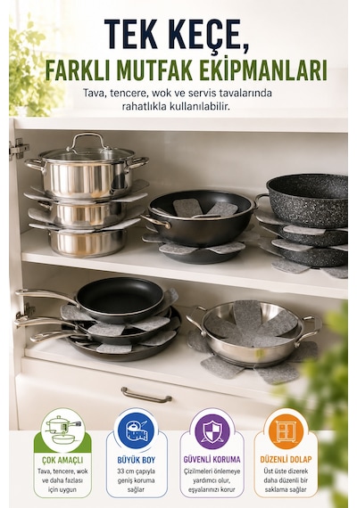 3'lü Gri Tava Çizdirmez Keçe Koruyucu 33 Cm Tava Tencere Ayırıcı Çizik Önleyici Organizer Set