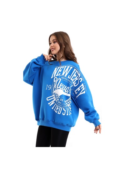 Winmoda34 Oversize Bisiklet Yaka 3 Iplik Şardonlu Kadın Sweatshirt New Jersey Mavi