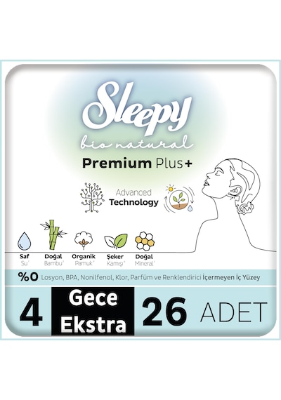 Sleepy Bio Natural Premium Plus Hijyenik Ped Gece Extra 26'lı