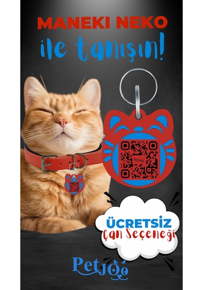Petjoo 4.Maneki Neko Mavi-Kırmızı Qr'lı Kedi Künyesi