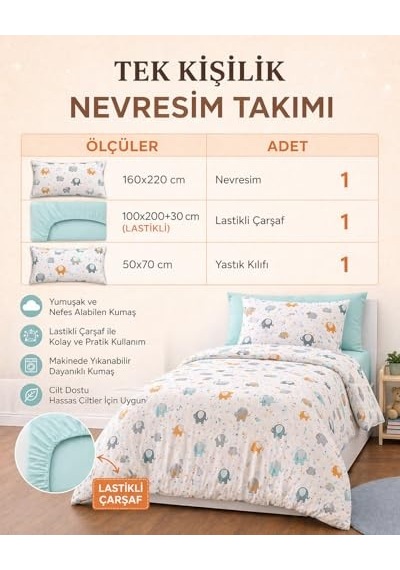 Lüks%80 Pamuklu Tek Kişilik Nevresim Takımı Çocuk Fil Desen + Lastikli Çarşaf +1 Adet Yastık Kılıflı Diğer