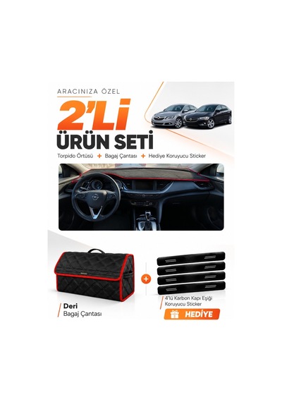Opel İnsignia 2017-2026 Uyumlu Torpido Örtüsü + Deri Bagaj Çantası + Sticker Seti - Siyah Kırmızı