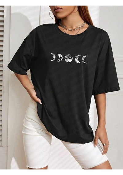 Moon Phase T-shirt - Siyah Baskılı Oversize Bisiklet Yaka Kısa Kol SIYAH