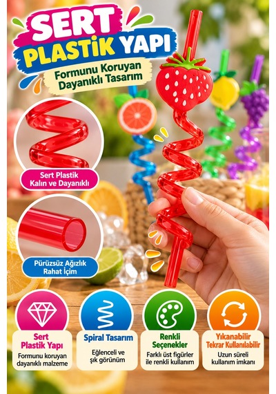 4'lü Renkli Spiral Pipet 26 Cm Sert Plastik Yıkanabilir Tekrar Kullanılabilir Parti İçecek Pipeti Xl