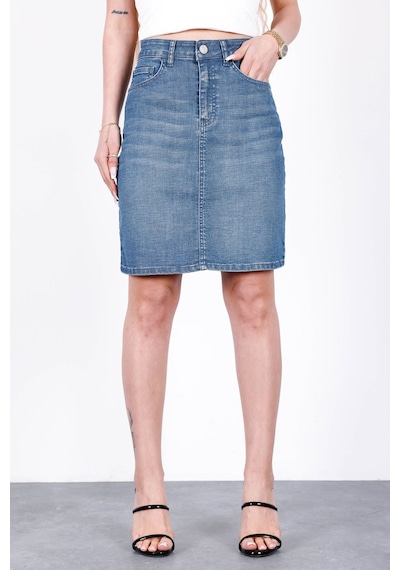 HLT Jeans Nordic Blue Kadın Regular Fit Likralı Yüksek Bel Orta Boy Denim Kot Etek Alice-4013 Mavi