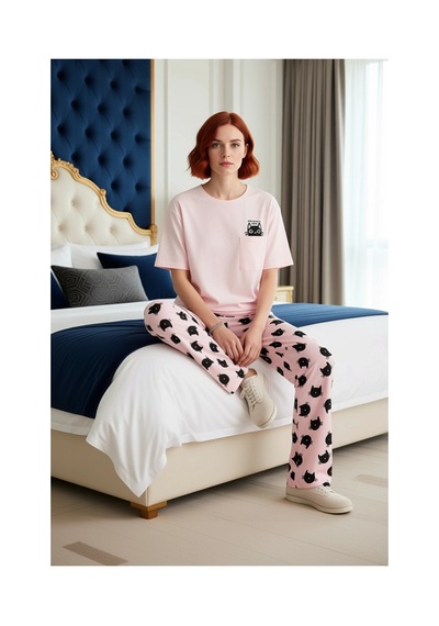 Ersefa Kadın Kedi Baskılı Pamuklu Pijama Takımı Fonksiyonel Dayanıklı Ka Pembe